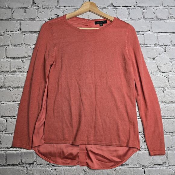 Ann Taylor Merino Wool Blend Coral Orange Button Sheer Back Knit Top Size MP - Picture 1 of 10